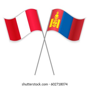 Peruvian and Mongolian crossed flags. Peru combined with Mongolia isolated on white. Language learning, international business or travel concept.