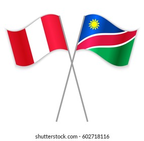Peruvian and Namibian crossed flags. Peru combined with Namibia isolated on white. Language learning, international business or travel concept.