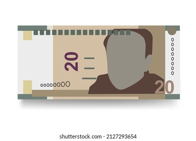 Peruvian New Sol Vector Illustration. Peru money set bundle banknotes. Paper money 20 PEN. Flat style. Isolated on white background. Simple minimal design.