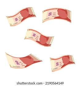 Peruvian New Sol Vector Illustration. Peru money set bundle banknotes. Falling, flying money 50 PEN. Flat style. Isolated on white background. Simple minimal design.