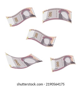 Peruvian New Sol Vector Illustration. Peru money set bundle banknotes. Falling, flying money 200 PEN. Flat style. Isolated on white background. Simple minimal design.