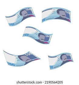 Peruvian New Sol Vector Illustration. Peru money set bundle banknotes. Falling, flying money 100 PEN. Flat style. Isolated on white background. Simple minimal design.