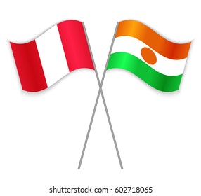 Peruvian and Nigerien crossed flags. Peru combined with Niger isolated on white. Language learning, international business or travel concept.