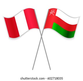 Peruvian and Omani crossed flags. Peru combined with Oman isolated on white. Language learning, international business or travel concept.