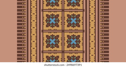 Patrón peruano bordado de seda con estampado de bandana sin costuras, diseño de Vector de bordado Pixel Ikat para bordado de borde de impresión antiguo egipto