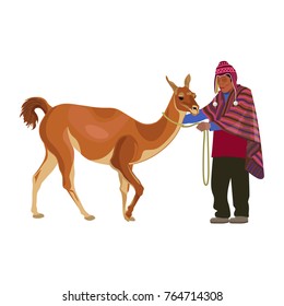 Peruvian peasant in national dress with guanaco. Vector illustration isolated on the white background