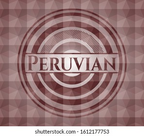 Peruvian red seamless emblem or badge with abstract geometric pattern background.