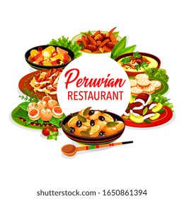 Peruvian restaurant dishes of fish ceviche, vegetable, meat and milk cookies. Vector beef and corn stews, grilled chicken salad and seafood croquettes, baked potato with olives, alfajores, oxtail soup