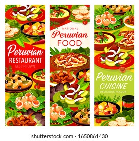 Peruvian restaurant vegetable dishes with meat, seafood and milk dessert vector banners. Fish avocado ceviche, beef corn stew and chicken chilli salad, alfajor cookies, shrimp croquettes and potato