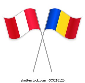 Peruvian and Romanian crossed flags. Peru combined with Romania isolated on white. Language learning, international business or travel concept.