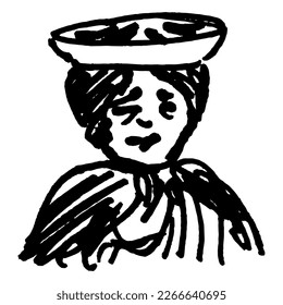 Peruvian rural lady carrying weight on her head. Ethic female portrait. Hand drawn linear doodle rough sketch. Black silhouette on white background.