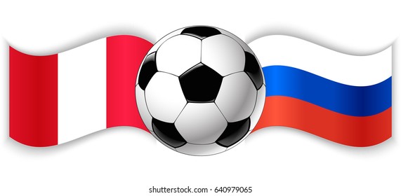 Peruvian and Russian wavy flags with football ball. Peru combined with Russia isolated on white. Football match or international sport competition concept.