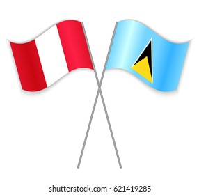 Peruvian and Saint Lucian crossed flags. Peru combined with Saint Lucia isolated on white. Language learning, international business or travel concept.