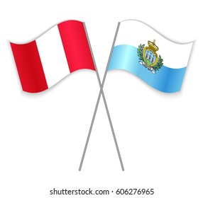 Peruvian and Sammarinese crossed flags. Peru combined with San Marino isolated on white. Language learning, international business or travel concept.