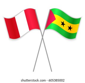 Peruvian and Sao Tomean crossed flags. Peru combined with Sao Tome and Principe isolated on white. Language learning, international business or travel concept.