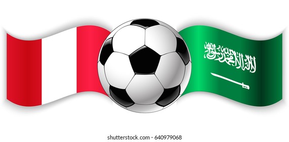 Peruvian and Saudi Arabian wavy flags with football ball. Peru combined with Saudi Arabia isolated on white. Football match or international sport competition concept.