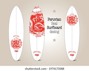 Peruvian Seal vector desing,  Hybrid Surfboard. Diseño de vector escudo rojo peruano para tabla de surf.  