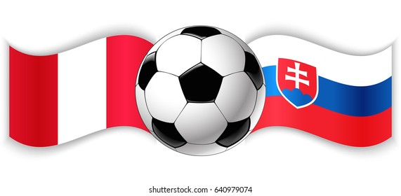 Peruvian and Slovak wavy flags with football ball. Peru combined with Slovakia isolated on white. Football match or international sport competition concept.