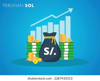 Peruvian Sol currency growth to success concept. The money bag chart increases profit. Business growth concept. Vector illustration design