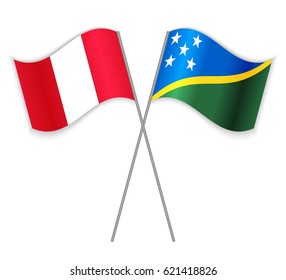 Peruvian and Solomon Island crossed flags. Peru combined with Solomon Islands isolated on white. Language learning, international business or travel concept.