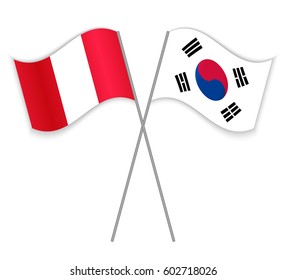 Peruvian and South Korean crossed flags. Peru combined with South Korea isolated on white. Language learning, international business or travel concept.