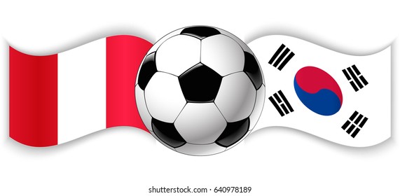 Peruvian and South Korean wavy flags with football ball. Peru combined with South Korea isolated on white. Football match or international sport competition concept.