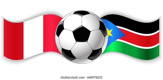 Peruvian and South Sudanese wavy flags with football ball. Peru combined with South Sudan isolated on white. Football match or international sport competition concept.