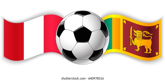 Peruvian and Sri Lankan wavy flags with football ball. Peru combined with Sri Lanka isolated on white. Football match or international sport competition concept.