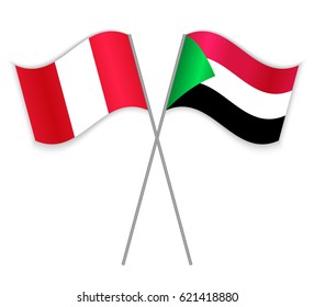 Peruvian and Sudanese crossed flags. Peru combined with Sudan isolated on white. Language learning, international business or travel concept.
