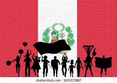 Peruvian supporter silhouette in front of brick wall with Peru flag. All the objects, silhouettes and the brick wall are in different layers. 