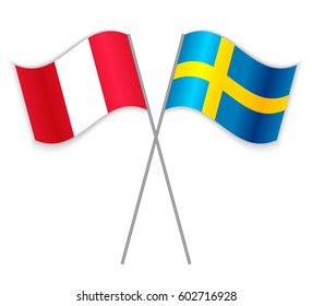 Peruvian and Swedish crossed flags. Peru combined with Sweden isolated on white. Language learning, international business or travel concept.