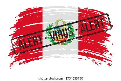 Peruvian torn flag with a stamp with the words alert virus, vector image
