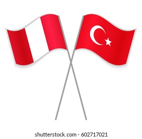 Peruvian and Turkish crossed flags. Peru combined with Turkey isolated on white. Language learning, international business or travel concept.