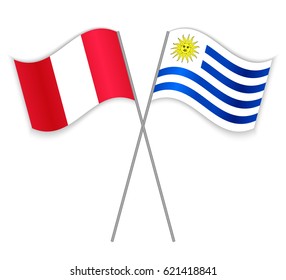 Peruvian and Uruguayan crossed flags. Peru combined with Uruguay isolated on white. Language learning, international business or travel concept.