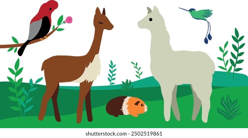 Ilustración vectorial de vida silvestre peruana con plantas. Esta colección presenta algunos de los animales más emblemáticos del Perú, incluidos el cobaya, la vicuña, el colibrí, la llama y el gallo andino del Rock