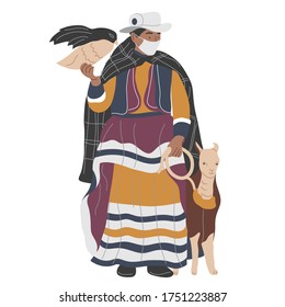 A Peruvian woman in a face mask in national costume with a llama and an eagle on her arm. Prevention of coronavirus, covid-19, in Peru, Latin America. Flat vector illustration.