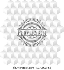 Perversion grey emblem with cube white background. 
