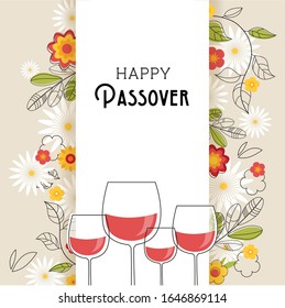 Pesach celebration concept , Jewish Passover holiday. Greeting card with four wine glasses and spring flowers. vector illustration