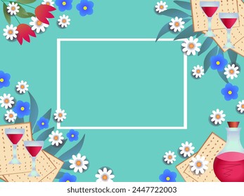  Pesach. Passover. A frame and space for your text. Spring Flowers, Jewish Matzah, Wine and Four Wine Glasses.Greeting card, invitation, cover, banner.