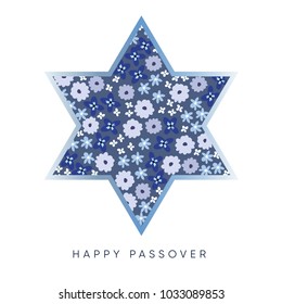 Pesach, Passover greeting card with blue jewish star and hand drawn flowers  pattern,. Vector illustration background.