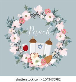 Pesach, Passover greeting card. Hand drawn floral wreath with torah, Jewish star, egg, apple, glass of wine, olive branches and flowers. Vector illustration background.