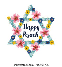 Pesach-Pessach-Grußkarte mit jüdischem Stern und handgezeichnet gezeichnet Blumen, Vektorgrafik-Hintergrund