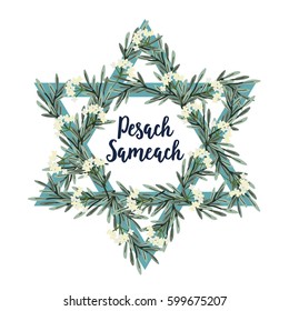 Pesach Passover greeting card with Jewish star, hand drawn olive branches and flowers. Vector illustration background.