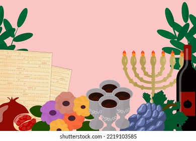 Pesach template for your design with matzah and spring flowers. Jewish holiday background. Vector illustration