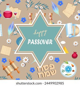 Pesach.Happy Passover text on the background of the Star of David. Egyptian pyramids,Happy Passover text in Hebrew, four glasses, wine, Jewish matzo, Seder plate, Afikoman, Torah scroll.