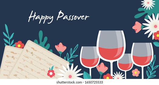 Concepto de celebración de Pesah, fiesta de la Pascua Judía. Tarjetas de saludo con cuatro vasos de vino tradicionales, Matzah y flores de primavera. Feliz Pascua en hebreo. ilustración vectorial