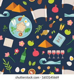 Pesah celebration concept , Jewish Passover holiday seamless pattern. Traditional Passover icons and symbols , four wine glasses, Matza, spring flowers and more.