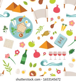 Pesah celebration concept , Jewish Passover holiday seamless pattern. Traditional Passover icons and symbols , four wine glasses, Matza, spring flowers and more.