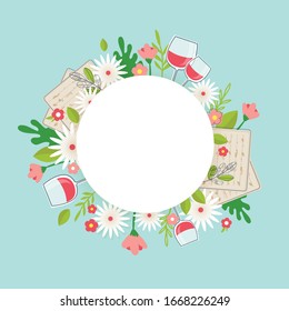 Pesah celebration concept , Jewish Passover holiday. Greeting cards with traditional four wine glasses, Matzo and spring flowers.