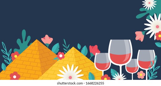 Pesah celebration concept , Jewish Passover holiday. Jewish holiday banner with traditional four wine glasses, Egypt pyramids and spring flowers. vector illustration